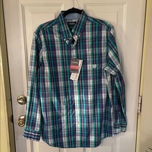 Chaps Men's Teal and Navy Plaid Shirt